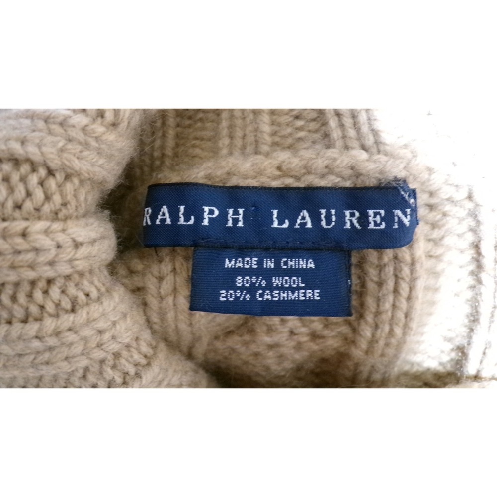 vtg Ralph Lauren Cable knit Sweater M Cashmere Tan Cowl neck button-shoulder y2k - Picture 8 of 10